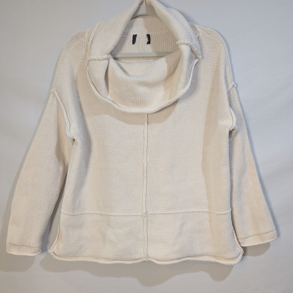 Cream Cowl Neck Sweater Cottton Knit Baggy Chunky Seams Upscale Quiet‎ Luxury